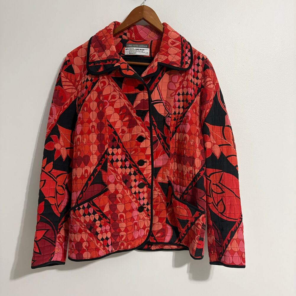 SAKS FIFTH AVENUE Size 14 100% Silk Claskp Button Boho Jacket Quilted